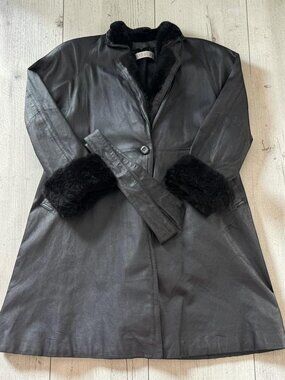 Vintage Lambros Women's Leather Coat Opossum‎ Fur Trim Belted Estimated Medium